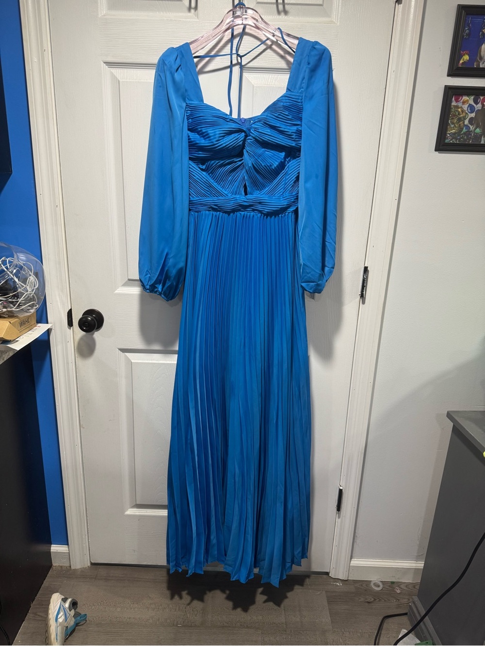 Royal Blue Pleated Maxi Dress with Bishop Sleeves NEW chicways